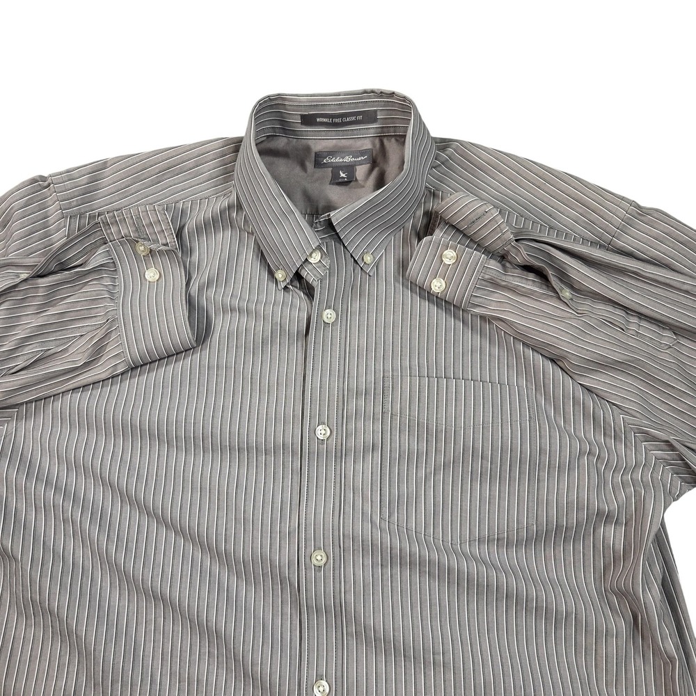 Eddie Bauer Dress Shirt Mens Large Gray Stripe Wrinkle Free Classic Fit Cotton